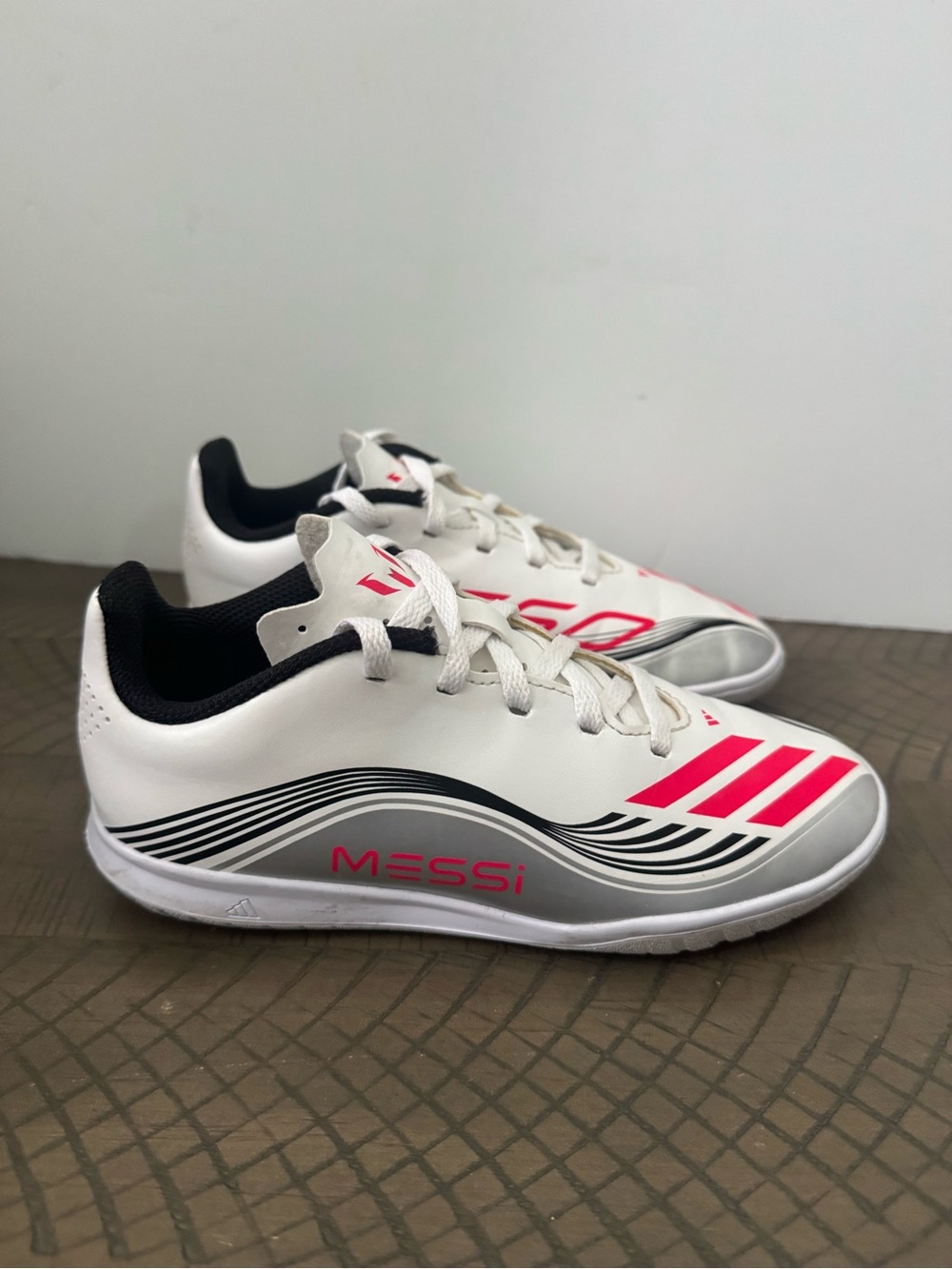 adidas Kids White & Red Messi Indoor Soccer Shoes